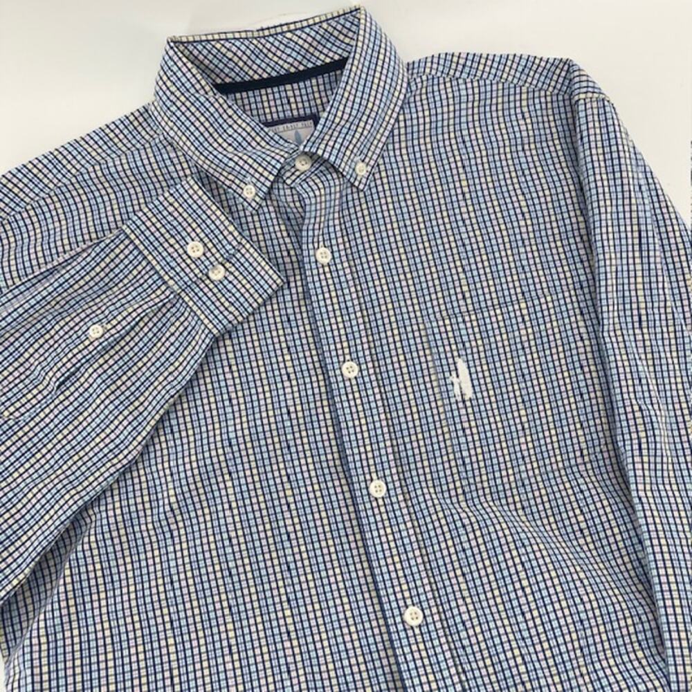Johnnie-O Button Down Shirt Mens M Blue Multi Check Plaid Logo Preppy Casual